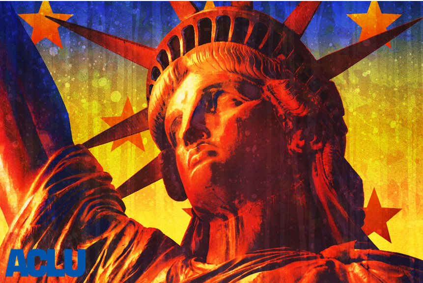 A stylized image of the Statue of Liberty in a yellow and orange hue. The background is a blue gradient to yellow with orange stars on it. A blue ACLU logo is on the bottom left of the image