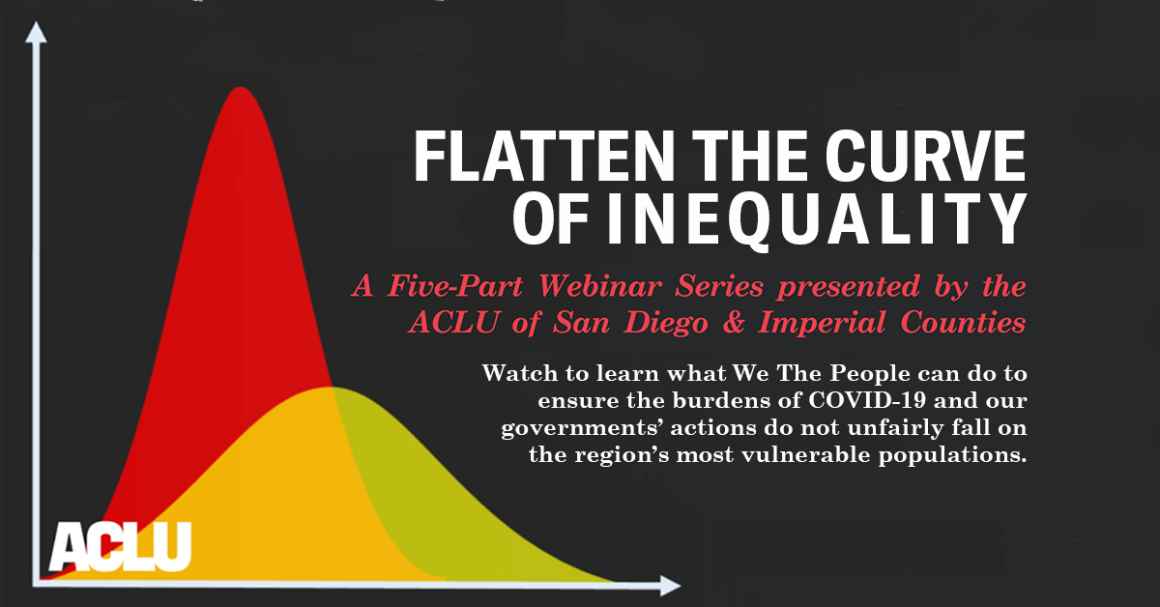 An infographic modeled after the 'flatten the curve' COVID-19 strategy. Overlay text: Flatten the Curve of Inequality. A five-part webinar series presented by the ACLU of San Diego & Imperial Counties. Watch to learn what We The People can do...