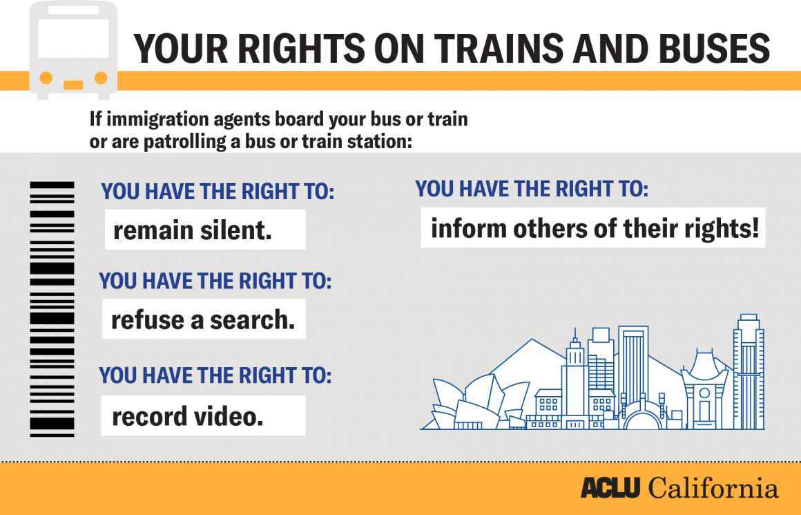 Image made to look like a transportation ticket with information on people's rights on trains and buses. Text: Your Rights on Trains and Buses. If Immigration agents board your bus or train or are patrolling a bus or train station:You have a right to rema